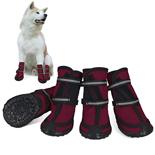 Dociote Zapatos para Perros, 4Pcs Antideslizante Botas con Correas Resistente, Cierre de Velcro, Impermeables Protectores de Patas para Perros Medianos y Grandes Rojo M