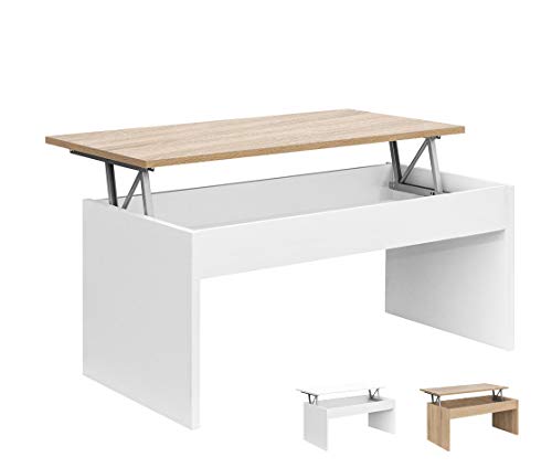 Dormidán- Mesa de Centro Elevable MC-5, Comedor o Auxiliar, Mesita de Salon (Blanco Tapa Roble)