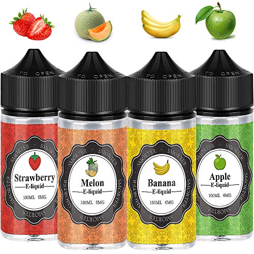 E Liquid Smorter 4x100ml E Juice 70/30 para todos los cigarrillos electrónicos E Cig Electronic Cigarette Vape Pen Starter Kit Eliquid Sin nicotina (fresa + plátano + melón + manzana)