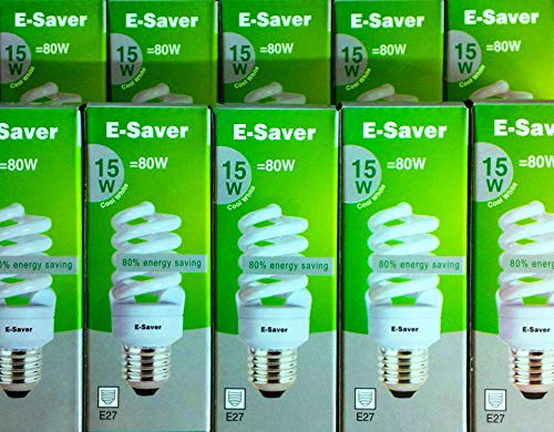 E-Saver - CFL Full Spiral - Bombillas de bajo consumo -15 W = 80 W - (Paquete de 10) - Bombillas de luz blanca fría de 4200 K - Tapa de rosca - Edison (ES - E27)