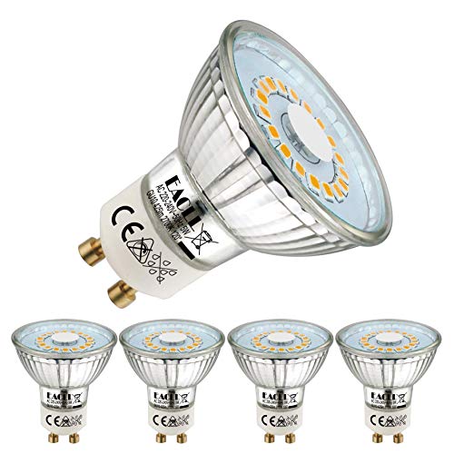 EACLL Bombillas LED GU10 2700K Blanco Cálido 5W Fuente de Luz 425 Lúmenes Equivalente 50W Halógena Lámpara. AC 230V Sin Parpadeo Focos, 120 ° Blanca Cálida Reflectoras Spotlight, 4 Pack