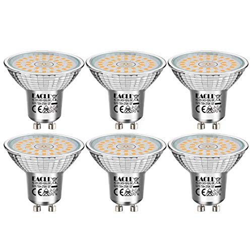 EACLL Bombillas LED GU10, 6 W, 2700 K, luz blanca cálida, 735 lúmenes, bombillas que pueden reemplazar halógenos de 60 W, CA 230 V, sin luz estroboscópica, ángulo de haz de 120°, 6 unidades