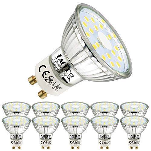 EACLL Bombillas LED GU10 6000K Blanca Fría 5W Fuente de Luz 495 Lúmenes Equivalente 50W Halógena. AC 230V Sin Parpadeo Focos, 120 ° Spotlight, Luz Diurna Blanco Frio Lámpara Reflectoras, 10 Pack