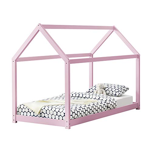 [en.casa] Cama para niños de Madera Pino 200x90cm Cama Infantil Forma de casa Color Rosa Lacado Mate