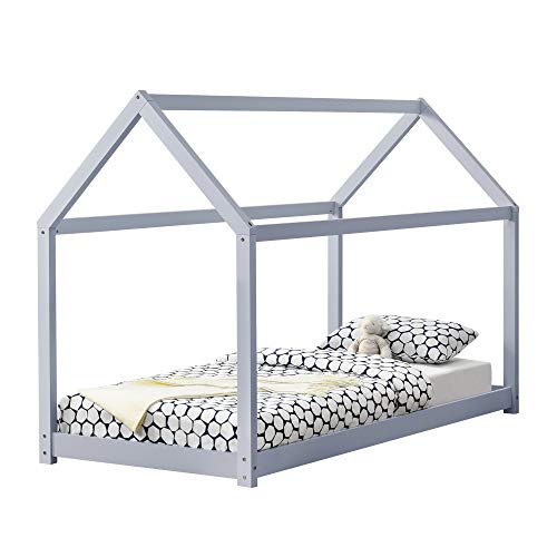 [en.casa] Cama para niños de Madera Pino 200x90cm Cama Infantil Forma de casa Gris Claro Lacado Mate