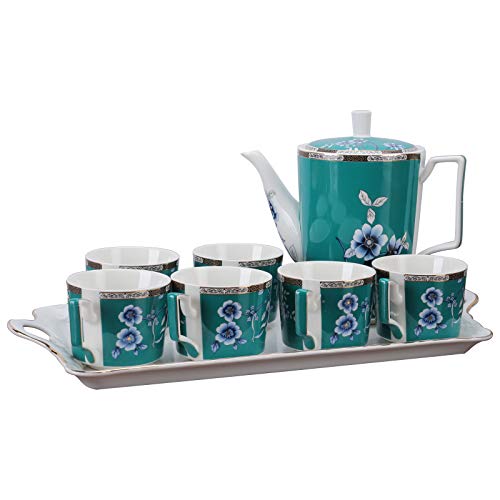 fanquare 8 Piezas Juegos de Té de Porcelana Inglesa, Juego de Café de Cerámica con Flores Verdes Vintage para Adultos, Una Tetera, Juego de 6 Tazas de Café con Bandeja