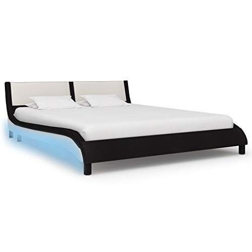 Festnight Estructura Cama Cama Design LED Cama de Matrimonio Marco de Cama Cuero Sintético Negro y Blanco 160x200 cm