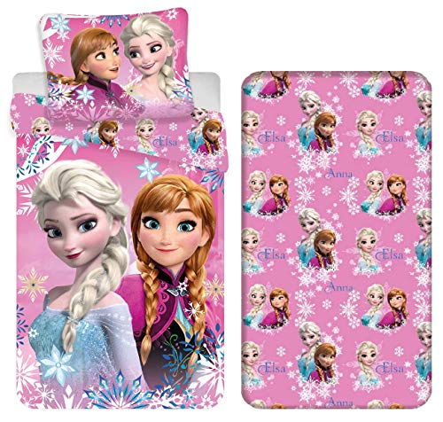 Frozen Elsa y Anna - Juego de cama individual de 3 piezas, funda nórdica de 140 x 200 cm, funda de almohada de 70 x90 cm, sábana bajera de algodón