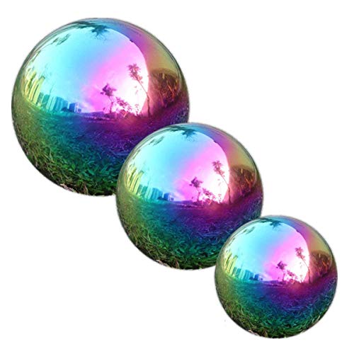 GDglobal - Juego de 3 bolas de acero inoxidable para jardín, arco iris, para decoración de jardín, 1 x diámetro de 10 cm, 12 cm, 15 cm