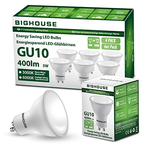 GU10 LED blanco cálido (3000K), BIGHOUSE 5W 400 Lumen Reemplazo de lámpara LED para lámparas halógenas de 40W, ángulo de haz de 120 °, 220-240V AC (6 piezas) GU10 LED blanco cálido (3000K), BIGHOUSE 5W 400 Lumen Reemplazo de lámpara LED para lámparas halógenas de 40W, ángulo de haz de 120 °, 220-240V AC (6 piezas)