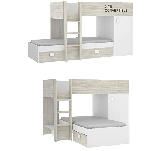 HABITMOBEL Cama litera Convertible COLCHONES INCLUIDOS,Acabado Blanco y Gris, 2 Medidas HABITMOBEL Cama litera Convertible COLCHONES INCLUIDOS,Acabado Blanco y Gris, 2 Medidas