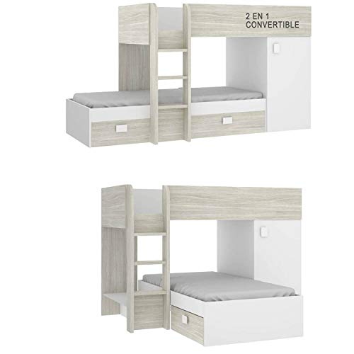 HABITMOBEL Cama litera Convertible COLCHONES INCLUIDOS,Acabado Blanco y Gris, 2 Medidas