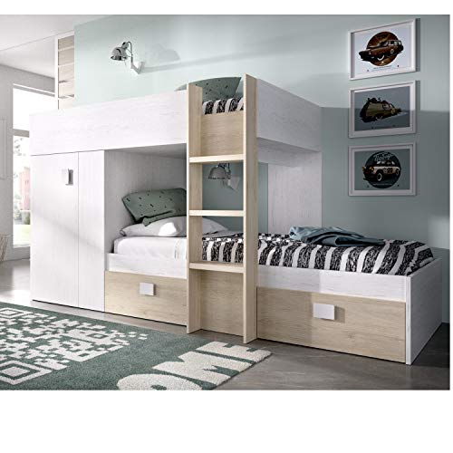 HABITMOBEL Cama litera Infantil,Acabado Blanco Artiko y Natural, Medidas Ancho: 271 cm x Alto: 150 cm x 111 cm HABITMOBEL Cama litera Infantil,Acabado Blanco Artiko y Natural, Medidas Ancho: 271 cm x Alto: 150 cm x 111 cm
