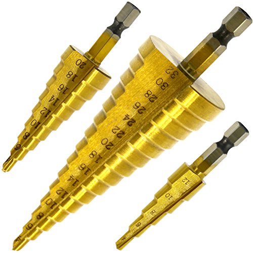 Hiveseen 3 Piezas Broca Escalonada, Hss Titanio, 4-12/20/32mm, Vástago Hexagonal, Alta Velocidad, Paso Taladro Cónica Agujero de Cortadoras para Acero Madera Plástico Metal etc Hiveseen 3 Piezas Broca Escalonada, Hss Titanio, 4-12/20/32mm, Vástago Hexagonal, Alta Velocidad, Paso Taladro Cónica Agujero de Cortadoras para Acero Madera Plástico Metal etc