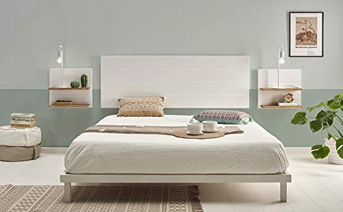 HOGAR24 ES Cabecero Madera Blanca + 2 mesitas con estantes Combinado Madera Maciza Natural Encerado y Fondo Blanco, Medidas cabecero; 155 x 60 x 2 cm HOGAR24 ES Cabecero Madera Blanca + 2 mesitas con estantes Combinado Madera Maciza Natural Encerado y Fondo Blanco, Medidas cabecero; 155 x 60 x 2 cm