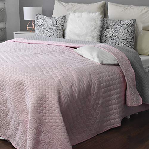 HOMELEVEL Colcha para cama y sofá, tamaño XXL (240 cm x 260 cm, estampado de rosa/gris)