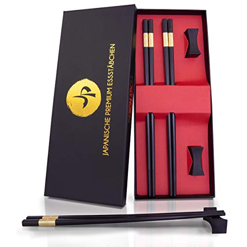 JP Design Juego de 2 palillos chinos japoneses premium en una elegante caja de regalo negra – palillos de fibra de vidrio sostenibles + libro electrónico gratuito con recetas de sushi