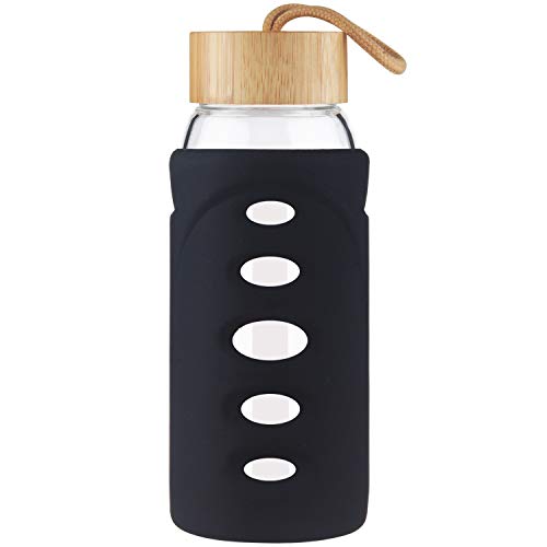 Justfwater Botella de Agua de Borosilicato de 750ml, Botella de Agua de Vidrio con Funda de Silicona y Tapa de Bambú