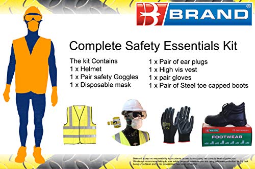 Kit de seguridad completa para trabajo/comercio. Chaleco mediano, tamaño 08, botas, casco, gafas, máscara, guantes, tapones para los oídos. Certificado y calidad comprobada.