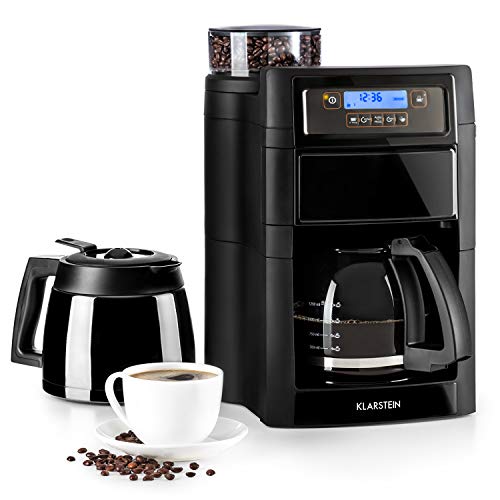 Klarstein Aromatica II Duo - Máquina de café con molinillo cónico, 5 niveles, Jarra de cristal 1,25 L, Temporizador 24h, Filtro de carbón activo, Potencia 1000 W, Antigoteo, Display LED, Negro