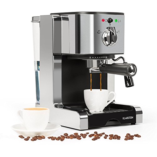 Klarstein Passionata 15 Máquina de café espresso - Cappuccino, Capacidad para 6 tazas, Depósito extraíble, Boquilla de vapor, Espumadora de leche, Acero inoxidable, Plateado