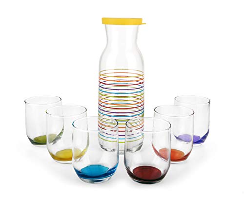 LAV Juego de vasos con botella y vasos de colores, 7 piezas, 6 vasos y una jarra, vasos Jarra de 320 ml con tapa 1.2 litros