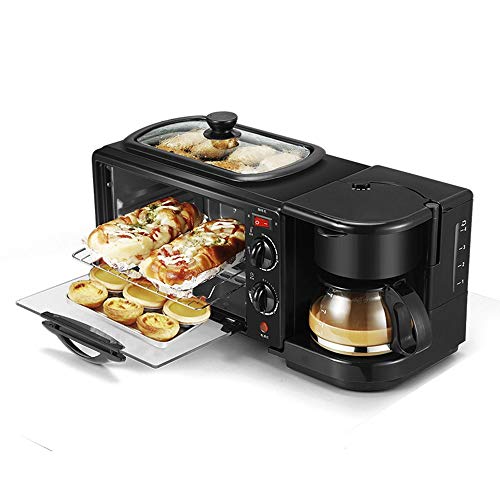 lijunjp Máquina de Desayuno multifunción 3 en 1, cafetera doméstica, Pizza, Huevo, Tarta, Horno, sartén, máquina para Hacer Pan, Horno eléctrico con Control de Temporizador, Negro