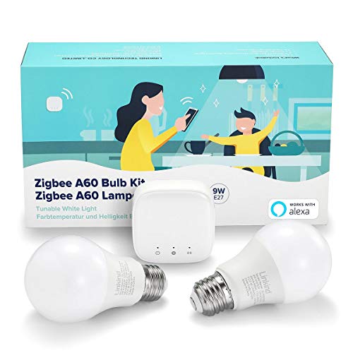 Linkind Smart Zigbee E27 Kit de bombilla LED, 9 W para reemplazar 60 W incandescente, 2 luces de tornillo E27 regulables y sintonizables y 1 Mini Hub, compatible con Alexa, Asistente de Google
