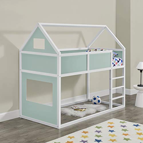 Litera para niños con Escalera 200 x 90 cm Cama para niños de Madera Pino Cama Infantil Forma de casa Blanco y Verde Menta