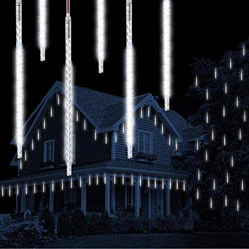 Lluvia de meteoros Luces de lluvia, Vikdio 50cm 10 Tubos de espiral 540 LEDs Nieve Caída Luces de cuerda para la boda Árbol de Navidad Decoración del hogar, Soporte 2 Juegos Gancho (Blanco)