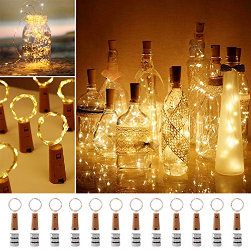 Luz de Botella, paquete de 12 luces de botella de alambre de cobre LED de 2 m 20, cadena de luces con pilas para decoración de boda, Navidad, Halloween (blanco cálido)