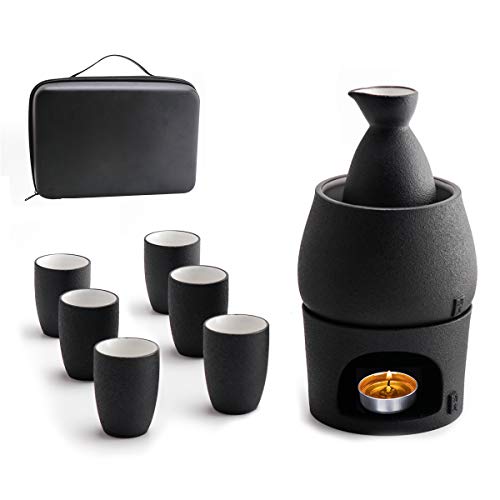 Lyty Juego de 9 tazas de sake con caja de almacenamiento para bebidas calientes de cerámica japonesa, incluye hornillo, cuenco para el calor, botella para 6 tazas