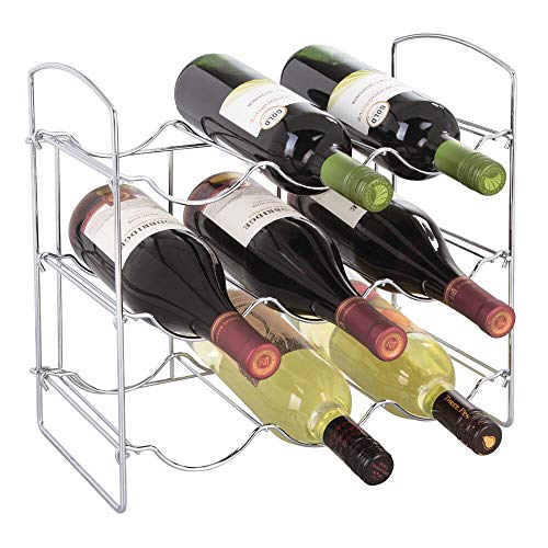 mDesign Botellero de metal cromado – Vinoteca para 9 botellas – Soporte para botellas de vino, agua y refrescos, ideal para frigorífico, despensa o armarios de cocina – plateado