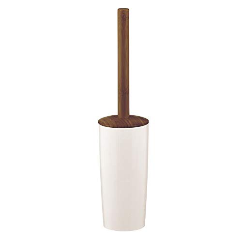 mDesign Escobilla para inodoro con soporte independiente para baño o aseo de invitados – Portaescobillas de plástico y bambú – Compacto y moderno escobillero de pie – blanco y marrón oscuro