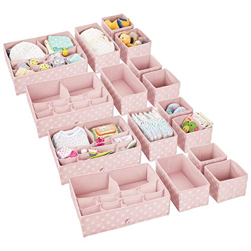 mDesign Juego de 16 Cajas organizadoras para Cuarto Infantil – Elegantes cestas de Tela para almacenaje en Varios tamaños – Organizadores para armarios de Fibra sintética Transpirable – Rosa/Blanco