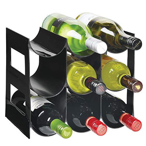 mDesign Práctico estante para botellas de vino – Botelleros para vino y otras bebidas para guardar hasta 9 unidades – Vinoteca de plástico de pie – negro