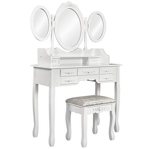 Meerveil Tocador de Maquillaje, Tocador de Dormitorio Tocador con Taburete 3 Espejo Giratorio 7 cajones Taburete con Tela de Terciopelo Tabla de MDF Meerveil Tocador de Maquillaje, Tocador de Dormitorio Tocador con Taburete 3 Espejo Giratorio 7 cajones Taburete con Tela de Terciopelo Tabla de MDF