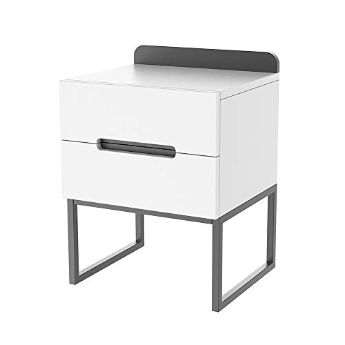 mesita de noche madera con 2 Cajones - Mesa Auxiliar Cama Mesilla Sofa Comodas Cajones Gabinete Pequeño, marco de metal para Salon Dormitorio(blanco/negro)