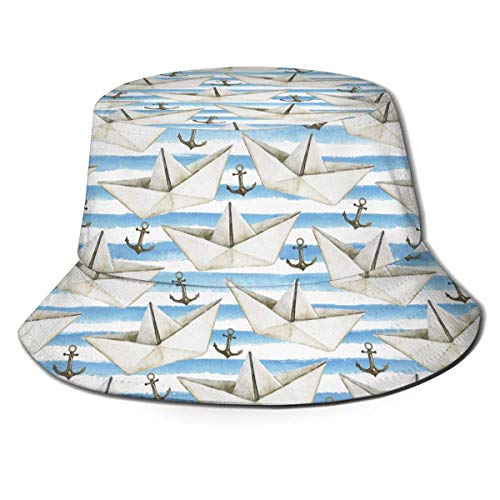 Mesllings Sombrero de sol Barcos y Anclajes sobre fondo de rayas azul-blanco tapa de cubo protección solar UV sombrero de pescador plegable ligero transpirable al aire libre gorra de viaje 2020 FW