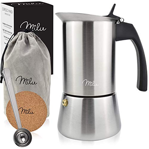 Milu Cafetera Italiana inducción| 2, 4, 6 Tazas| Cafetera Moka de Acero Inox, Expresso Maker - Set comprensivo di sottobicchiere, cucchiaio, spazzola (4 tazze da 200 ml)