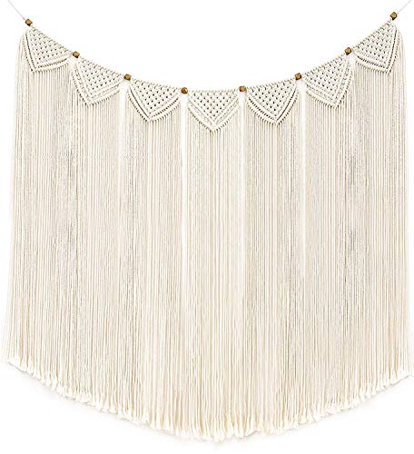 Mkouo Macrame Wall Hanging Tapestry Fringe Garland Banner Cotton Woven Wall Decor for Living Room Bedroom Wedding Party Decoration, 47" L X 28" W