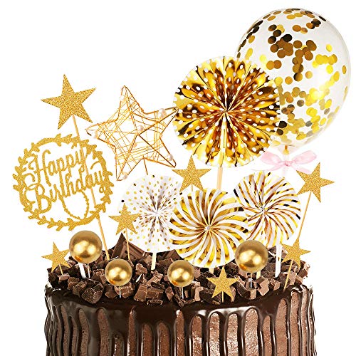 MMTX Oro Decoración para Tartas de Cumpleaños Cupcake Toppers con Abanicos de Papel Globos Confeti Cupcake Topper para Oro Tema Partido Decoración Niña Chico Niño Mujer Hombre