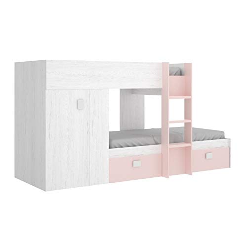 Mobelcenter - Cama Litera Tren Groe Infantil y Juvenil - Cama Tren con Armario y 2 Cajones- Medidas: Ancho: 271 cm x Fondo: 111 cm x Alto: 150 cm (Blanco Artic y Rosa) - (1080)