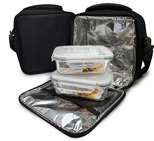 NERTHUS Lunch Bag Fiambrera bolsa termica porta alimentos, negra + 2 tupper, Tela Resistente, Con 2 Herméticos Cristal, Con 2 Tuppers Cristal