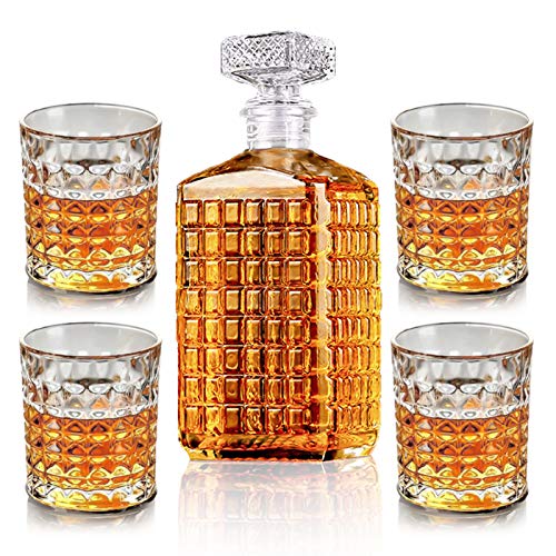 New rui cheng Vaso de Vino de Whisky 1 Botella de 17oz + 4 Vasos de Whisky de 9,8 oz Decantadores de Licor Set Jarra de Grabado para el Regalo del Día del Padre de Bourbon