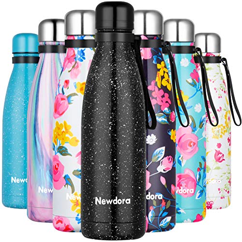 Newdora Botella de Agua Deportiva de Acero Inoxidable, Cantimplora Termo con Doble Aislamiento para 12 Horas de Bebida Caliente y 24 Horas de Bebida Fría, 500ML, Nieve Blanca y Negra