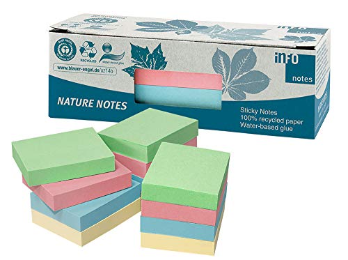 Notas adhesivas 100% recicladas, mezcla de pastel, 50 x 40 mm, certificadas con el Ángel Azul, 100 hojas por bloc, 12 bloques en caja reciclada.