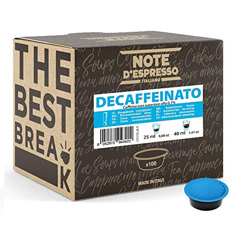 Note d'Espresso - Cápsulas de café para las cafeteras Lavazza y A Modo Mio, Decaffeinato, 7 g (caja de 100 unidades)