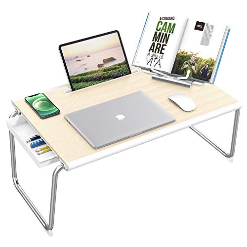 Nulaxy Mesa para Portátil Plegable, Mesa de Cama Portátil con Cajón de Almacenamiento y Aoporte para Libros, para Escribir, Leer, Dibujar, Trabajar (XXL grande, roble blanco)