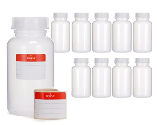 Octopus 10 x 500 ml Botellas de Boca Ancha de LDPE con Cierre de Rosca, Botella vacía para químicos, Botella de Laboratorio con Tapa, como Recipiente de Almacenamiento para Laboratorio, Cocina u Ocio